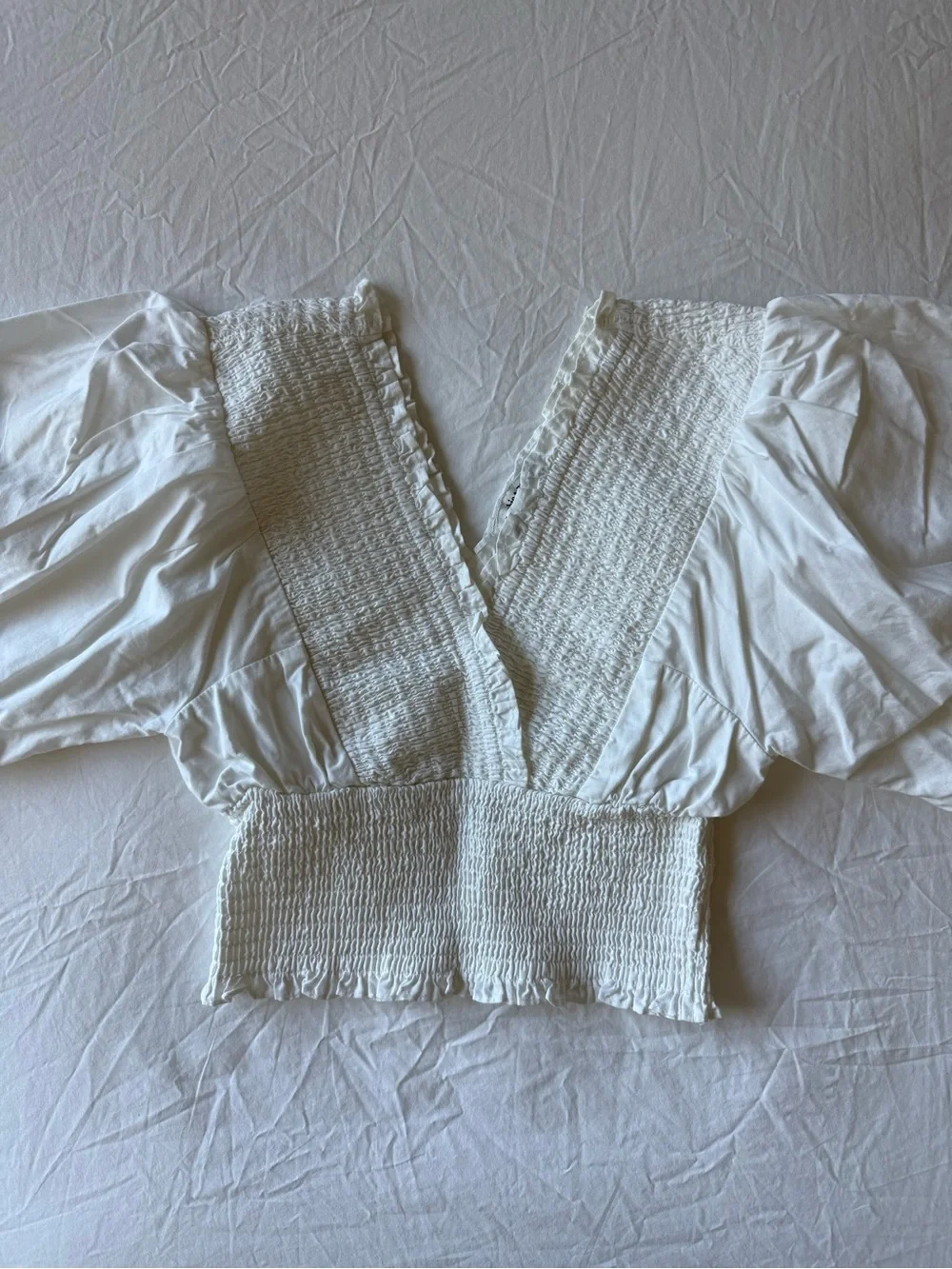 Abercrombie Smocked Poplin Puff Sleeve Top in White